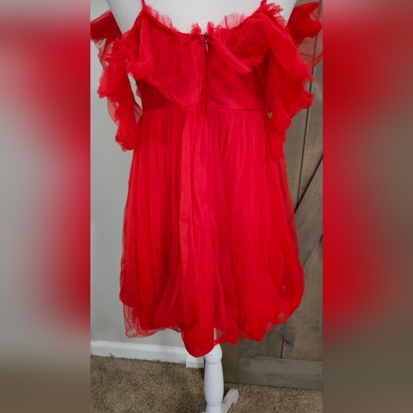 EILLY BAZAR Red Sheer Mesh Tie Front Ruffle Detail Cold Shoulder Mini Dress. XS - Picture 9 of 16